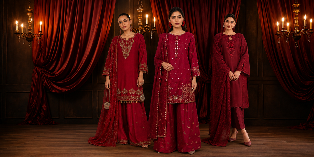 Three women modeling traditional red and maroon salwar kameez suits with gold embroidery, posed in front of a dark wood-paneled wall with draped red curtains and hanging candle-style lights.