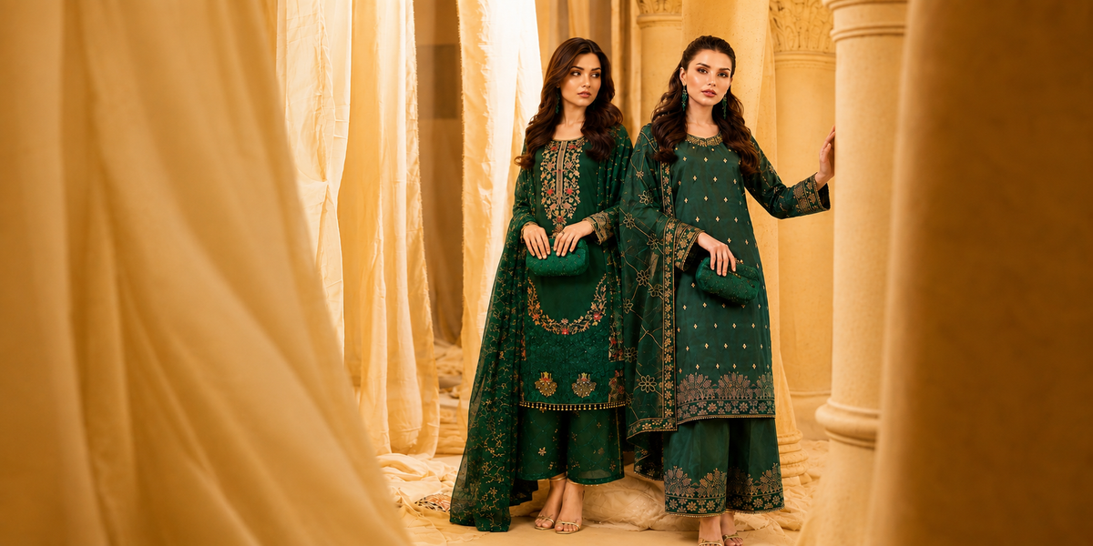 Two women modeling dark green traditional South Asian salwar kameez sets with gold embroidery in an ornate, warm-toned interior with draped curtains and columns.