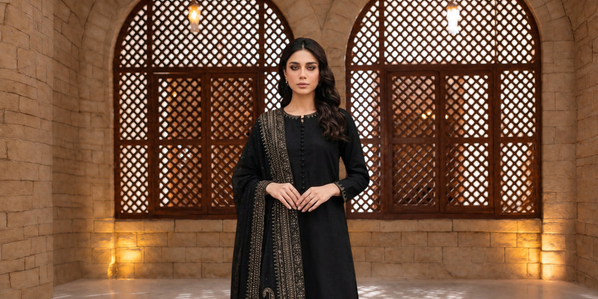 A woman stands in front of arched wooden lattice windows wearing a black traditional outfit with gold embroidery and a matching draped scarf.